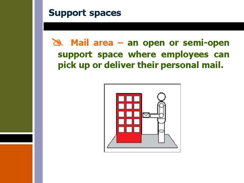 Support spaces   Mail area – an open or semi-open support space where